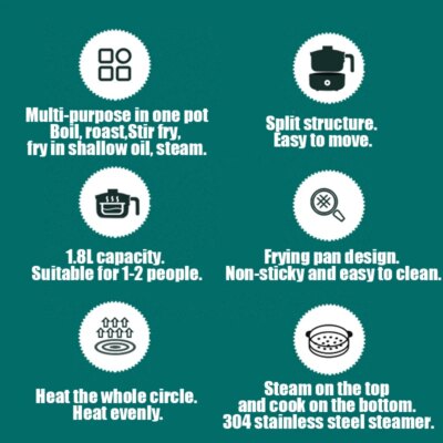 1.8L Multi-Function Electric Cooker Household Split Small Pot Stir Fry Cooker Hot Pot Noodles Fried Egg Steak Frying Pan 220V - Image 4