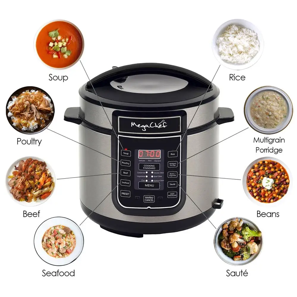Megachef 6 Quart Pressure Cooker with 14 Pre-set Multi Function Features Megachef 6 Quart Pressure Cooker with 14 Pre-set Multi Function Features