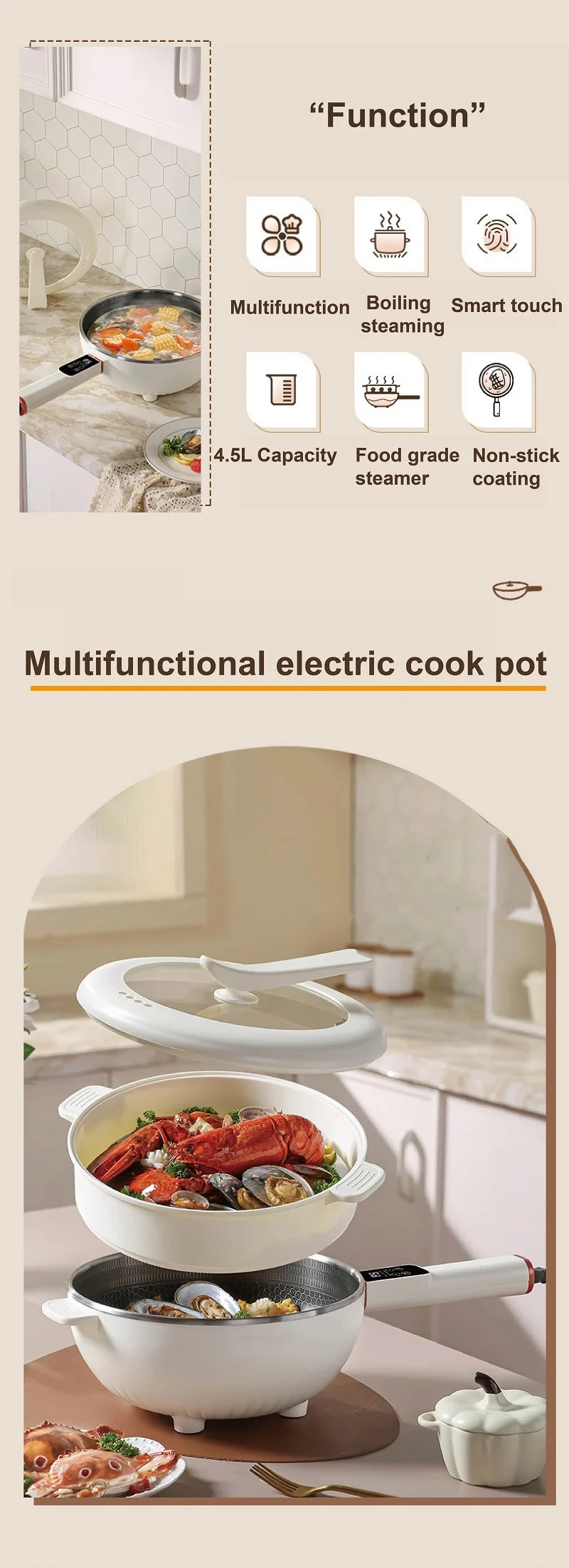 4.5L Smart Electric Cooker Home Non-stick Fry Pan Multifunction Pot Large Capacity Electric Hot Pot Kitchen Appliance 220V 4.5L Smart Electric Cooker Home Non-stick Fry Pan Multifunction Pot Large Capacity Electric Hot Pot Kitchen Appliance 220V