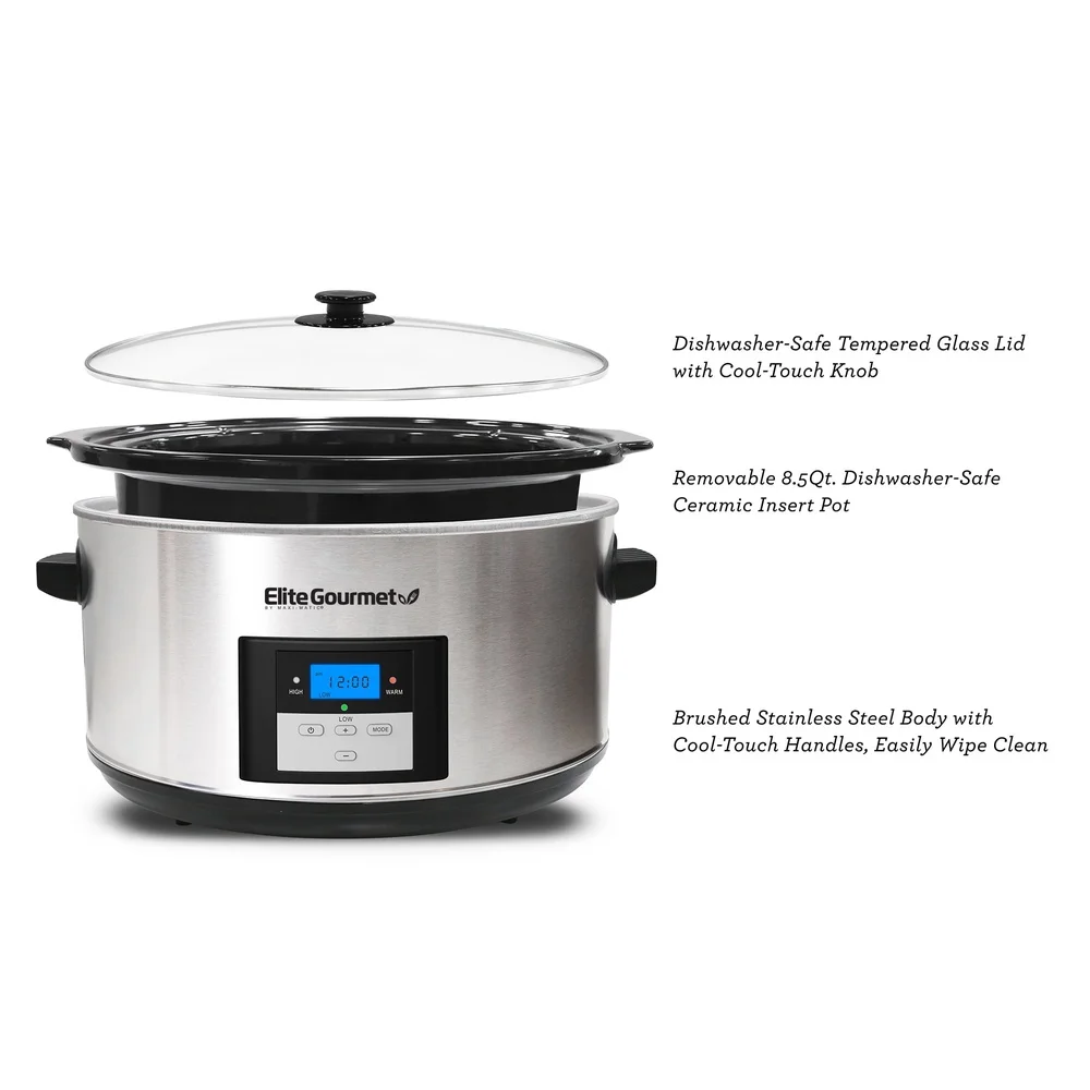 8.5Qt Stainless Steel Digital Slow Cooker Programmable Timer Multi-Function Easy to Clean Large Capacity Tempered Glass Lid Even 8.5Qt Stainless Steel Digital Slow Cooker Programmable Timer Multi-Function Easy to Clean Large Capacity Tempered Glass Lid Even