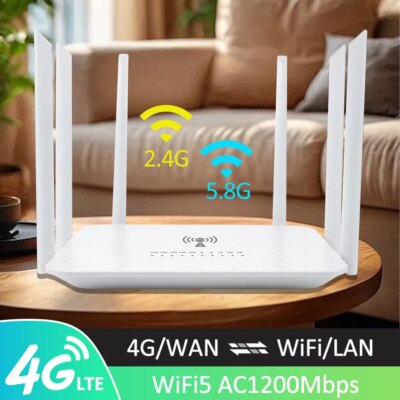 Benton Dual Band AC1200Mbps 4G SIM WiFi Router WiFi5 2.4G 5.8G 4G 4G+ Router with SIM Card Slot VPN WAN LAN 4G LTE WiFi Hotspot