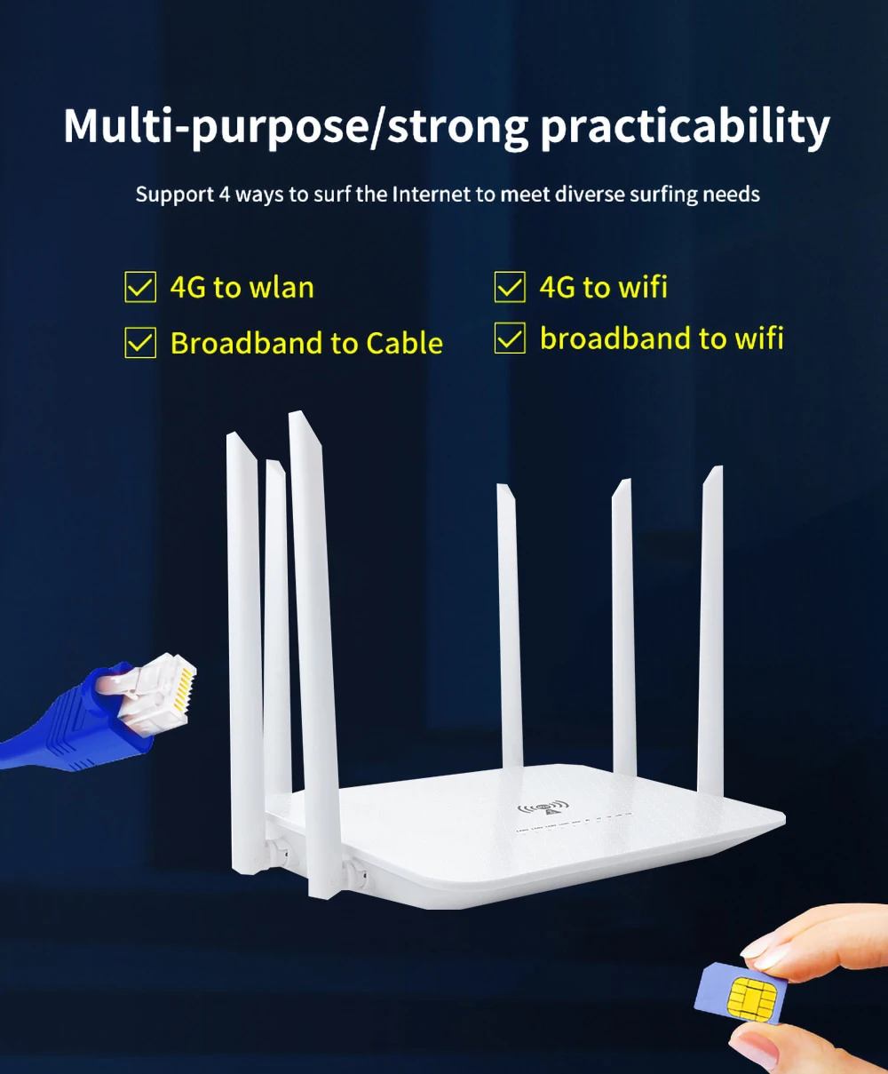 Benton Dual Band AC1200Mbps 4G SIM WiFi Router WiFi5 2.4G 5.8G 4G 4G+ Router with SIM Card Slot VPN WAN LAN 4G LTE WiFi Hotspot