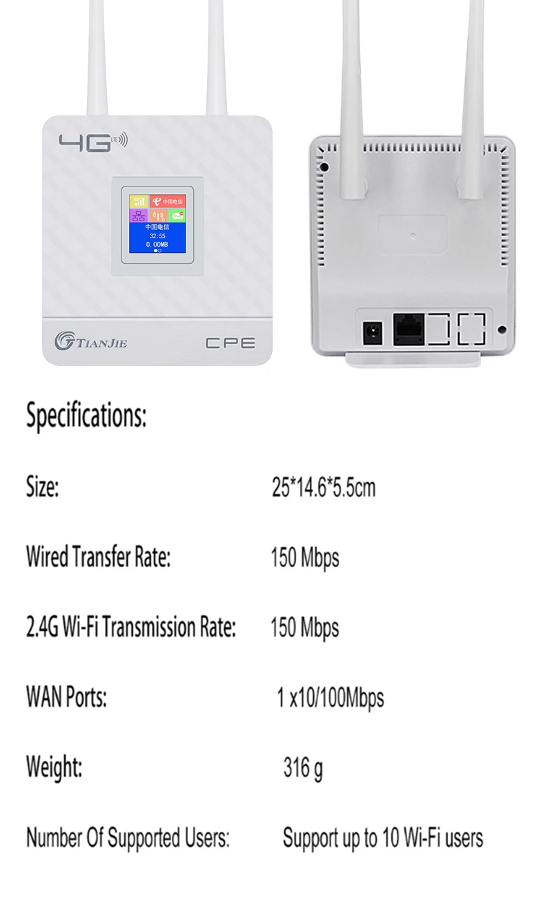 TIANJIE 150Mbps 4G Wifi Router Unlocked SIM Card Wireless Modem External Antenna Hotspot WAN LAN Broadband Adapter for IP Camera TIANJIE 150Mbps 4G Wifi Router Unlocked SIM Card Wireless Modem External Antenna Hotspot WAN LAN Broadband Adapter for IP Camera