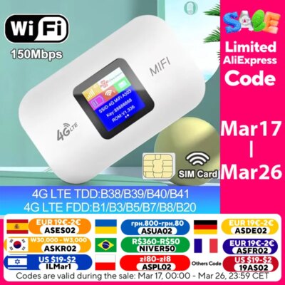 4G Lte Router Wireless Wifi Portable Modem Mini Outdoor Hotspot Pocket Mifi 150mbps Sim Card Slot Repeater 3000mah
