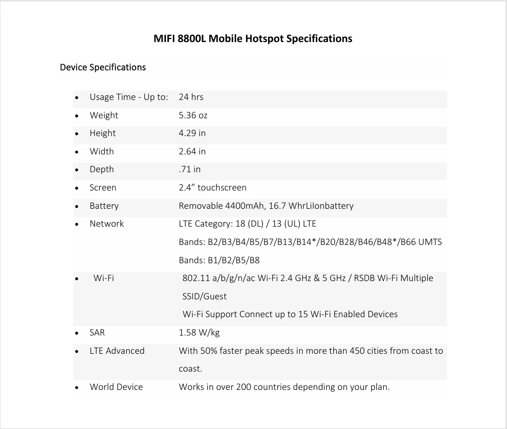 MiFi 8800L Pocket Router 4G LTE Mobile Hotspot 2.4