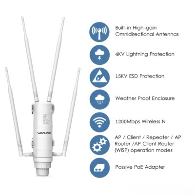 Wavlink AC1200/600/300 High Power Outdoor WIFI Router/AP Wireless WIFI Repeater Wifi Dual Dand 2.4G/5G High Gain Antenna POE EU - Image 3