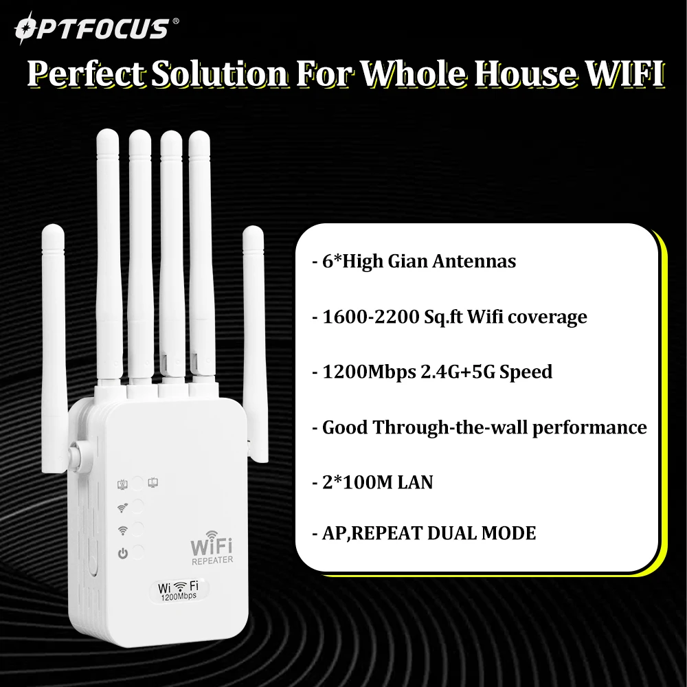 OPTFOCUS WiFi Repeater 1200Mbps 5G 2 Lan Signal Repetidor Wireless Wifi Extender Amplificador 6 Antennas Wifi Amplifier Booster OPTFOCUS WiFi Repeater 1200Mbps 5G 2 Lan Signal Repetidor Wireless Wifi Extender Amplificador 6 Antennas Wifi Amplifier Booster