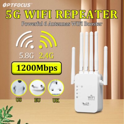 OPTFOCUS WiFi Repeater 1200Mbps 5G 2 Lan Signal Repetidor Wireless Wifi Extender Amplificador 6 Antennas Wifi Amplifier Booster