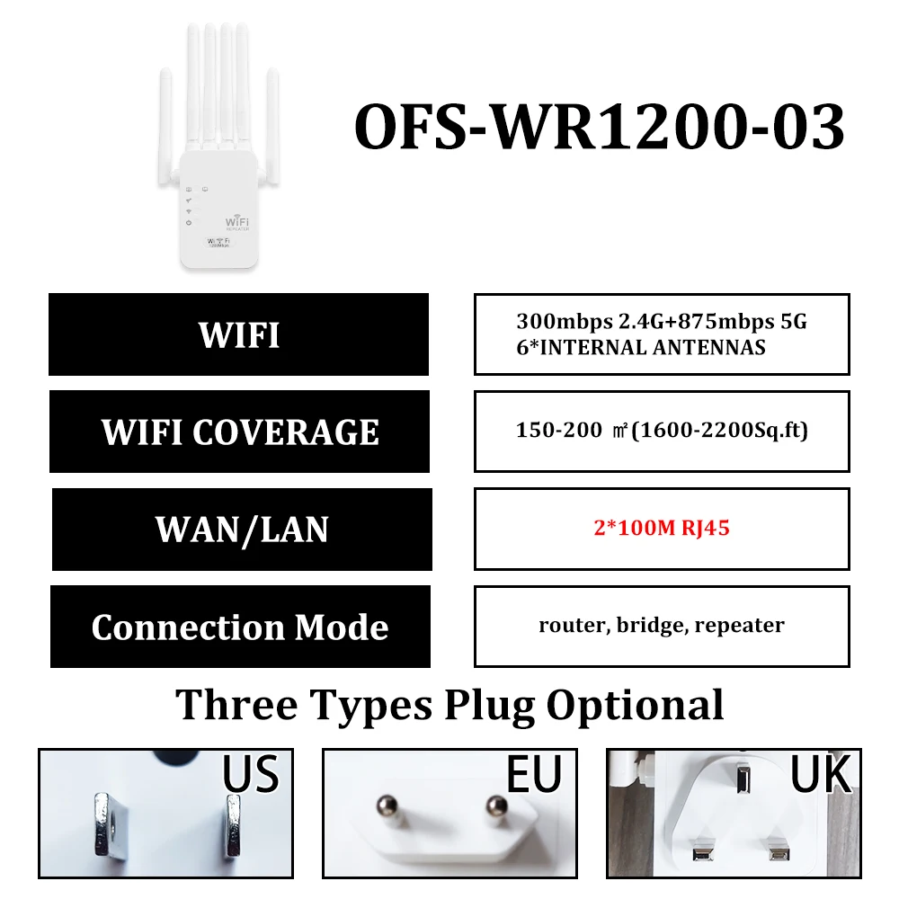 OPTFOCUS WiFi Repeater 1200Mbps 5G 2 Lan Signal Repetidor Wireless Wifi Extender Amplificador 6 Antennas Wifi Amplifier Booster OPTFOCUS WiFi Repeater 1200Mbps 5G 2 Lan Signal Repetidor Wireless Wifi Extender Amplificador 6 Antennas Wifi Amplifier Booster