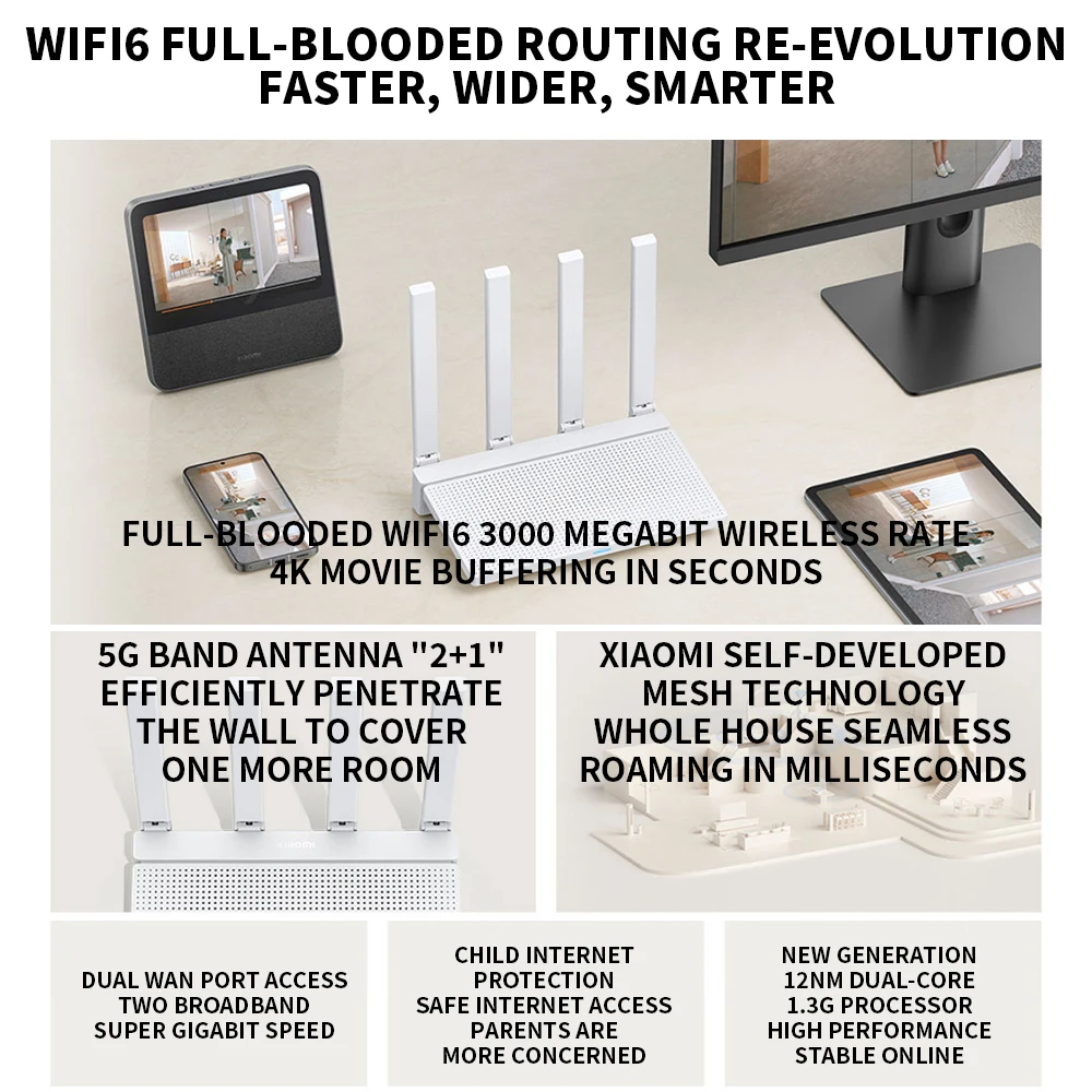 2024 NEW Original Xiaomi AX3000T Router 5GHz 160MHz Broadband 1.3GHz Processor High Speed NFC Connection For Home Office Games
