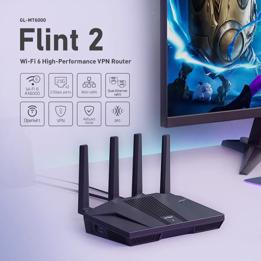 GL.iNet Flint 2 (GL-MT6000) home and office router, 8-Stream Wi-Fi 6 technology,OpenWrt,2.5G Ethernet ports,Parental control