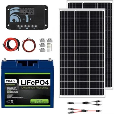 Solar Power Kit | LiFePO4 Lithium Battery |  Mono Rigid Solar Panels, PWM Solar Charge Controller | RV, Trailer, Camper, Marine