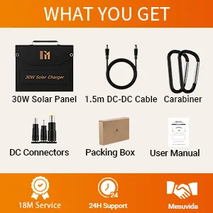 30W Travel-Ready Solar Charger - Portable Foldable Solar Panel with 18V MC4, Dual USB-A (QC3.0), and USB-C (PD18W) Ports