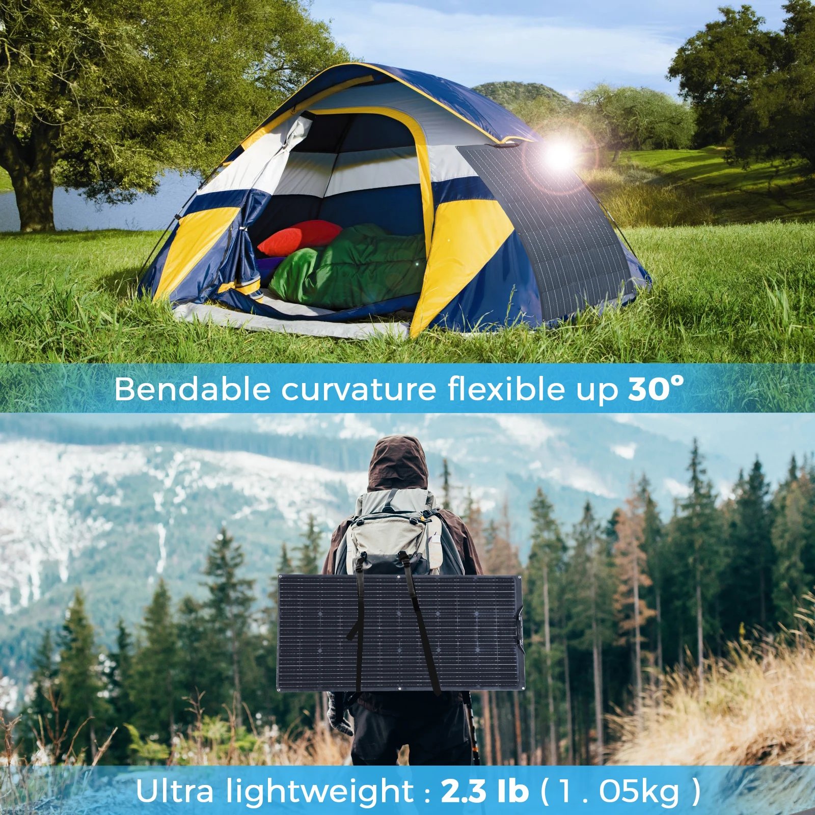 Flexible Solar Panel 200W 100W 19.8V Monocrystalline Charger Off-Grid 12V /24V Battery RV Boat Cabin Van Car Trailer (Front Bump