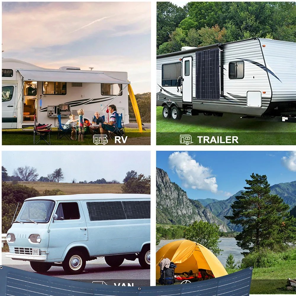 Flexible Solar Panel 200W 100W 19.8V Monocrystalline Charger Off-Grid 12V /24V Battery RV Boat Cabin Van Car Trailer (Front Bump