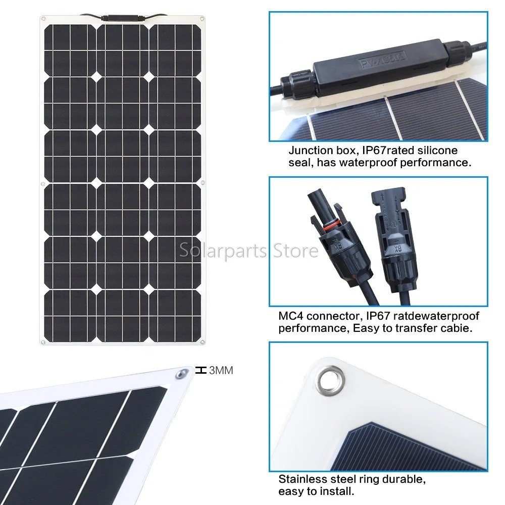 Flexible Solar Panel 200W 100W 19.8V Monocrystalline Charger Off-Grid 12V /24V Battery RV Boat Cabin Van Car Trailer (Front Bump
