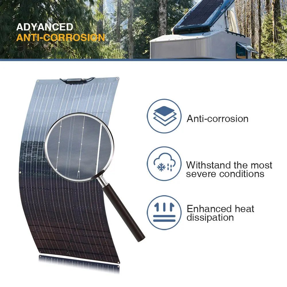 Flexible Solar Panel 200W 100W 19.8V Monocrystalline Charger Off-Grid 12V /24V Battery RV Boat Cabin Van Car Trailer (Front Bump