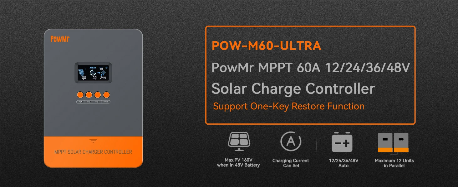 PowMr Parallel Controller MPPT 60A Solar Charge Controller 12V 24V 36V 48V Battery Regulator For Lithium LiFePo4 Lead-Acid PowMr Parallel Controller MPPT 60A Solar Charge Controller 12V 24V 36V 48V Battery Regulator For Lithium LiFePo4 Lead-Acid