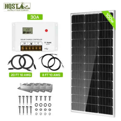 HQST 100 Watt 12 Volt 9BB Cell RV Solar Panel Kit w/ 30 Amp PWM Charge Controller, Adaptor Kit, Tray Cables, Mounting Z Brackets