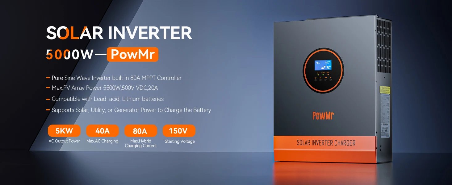 PowMr 5KW 48V Hybrid Solar Inverter MPPT 80A Off Grid Inverter Pure Sine Wave 110V 120V Max PV Input 500V 5.5KW
