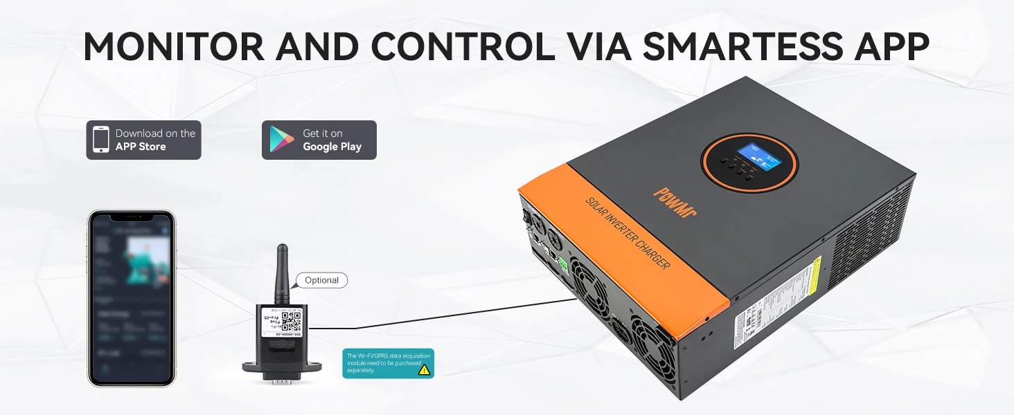 PowMr 5KW 48V Hybrid Solar Inverter MPPT 80A Off Grid Inverter Pure Sine Wave 110V 120V Max PV Input 500V 5.5KW