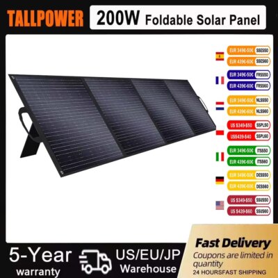TALLPOWER ETFE 200W 18V Solar Panels IP65 Waterproof Mobile Solar Charger for Power Supply, Laptop, Solar Generator, Fishing