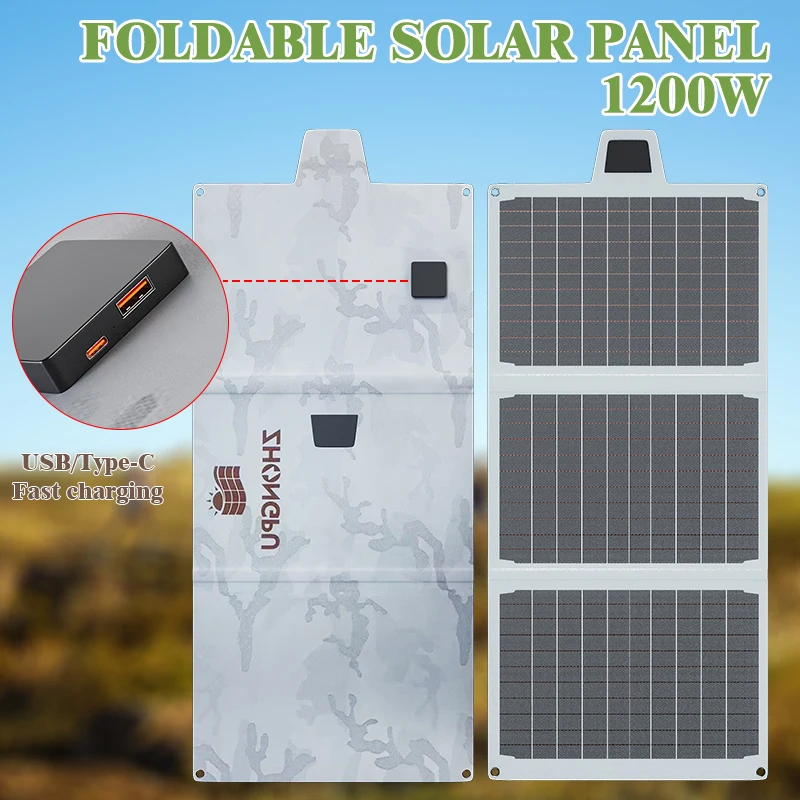 Foldable Solar Panel 1200W  Lightweight & Portable for Outdoor Emergency Power USB Output Compatible with Camping/Fishing/RV