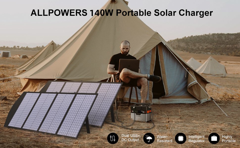 ALLPOWERS Solar Mobile Charger 18V 140W Foldable Solar Panel with  DC, and USB Output Suit For Laptops, Power Station Camping