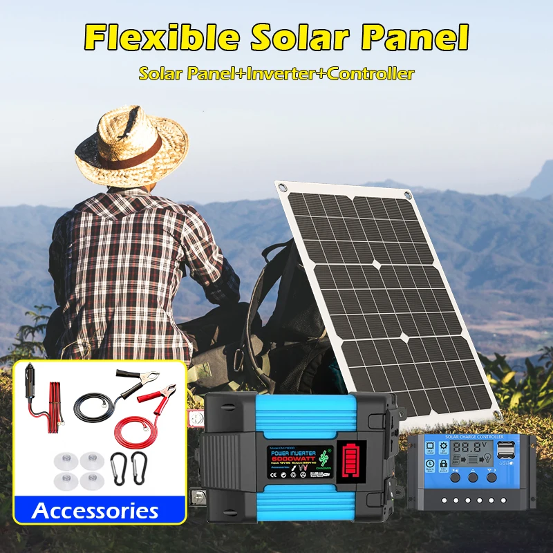 High-Performance 6000W Solar Panel Kit - Includes 12V 30A Controller & 110V/220V Inverter for Home/Camping