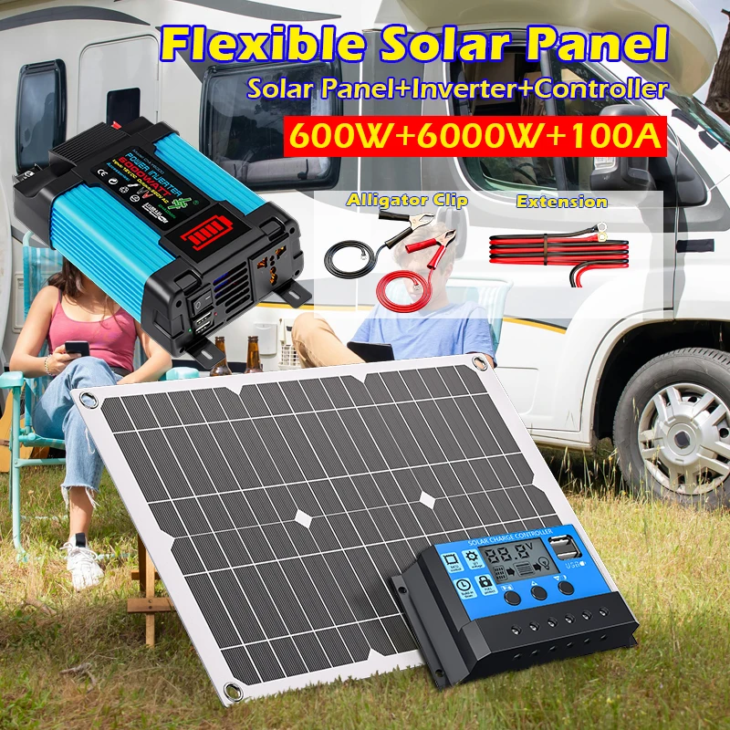 High-Performance 6000W Solar Panel Kit - Includes 12V 30A Controller & 110V/220V Inverter for Home/Camping