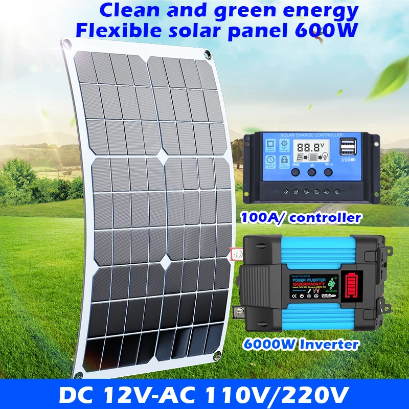 High-Performance 6000W Solar Panel Kit - Includes 12V 30A Controller & 110V/220V Inverter for Home/Camping