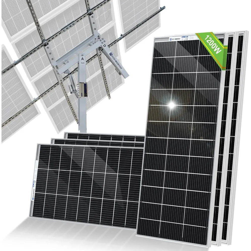 1200W Solar Tracker System: 6pcs Bifacial 195W Monocrystalline Solar Panels, Dual-Axis Solar Tracking Kit with Tracker