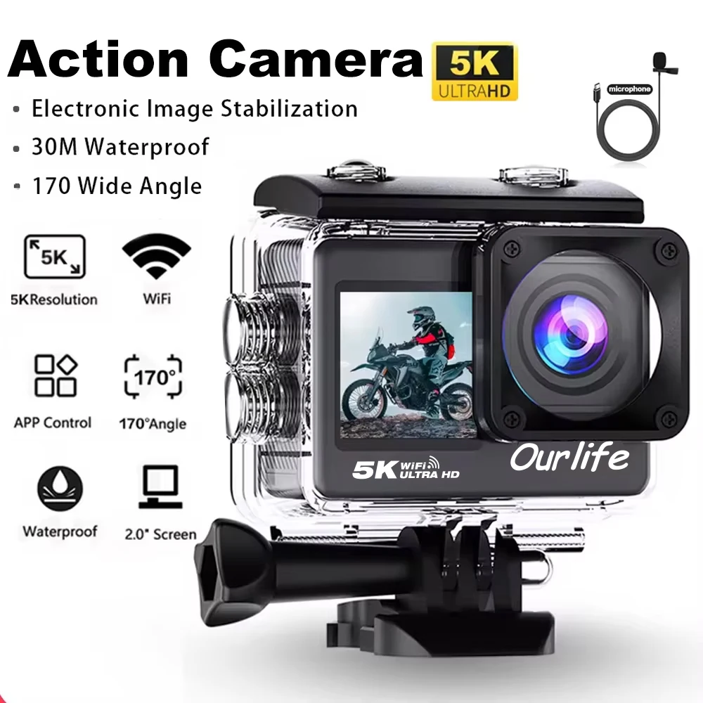 Action Camera 5K 4K60FPS EIS Wi-Fi Dual Screen 170D 2.0 Inch Touch Screen 30M Waterproof Sport Camera With Remote Control Action Camera 5K 4K60FPS EIS Wi-Fi Dual Screen 170D 2.0 Inch Touch Screen 30M Waterproof Sport Camera With Remote Control