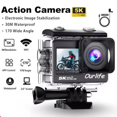 Action Camera 5K 4K60FPS EIS Wi-Fi Dual Screen 170D 2.0 Inch Touch Screen 30M Waterproof Sport Camera With Remote Control