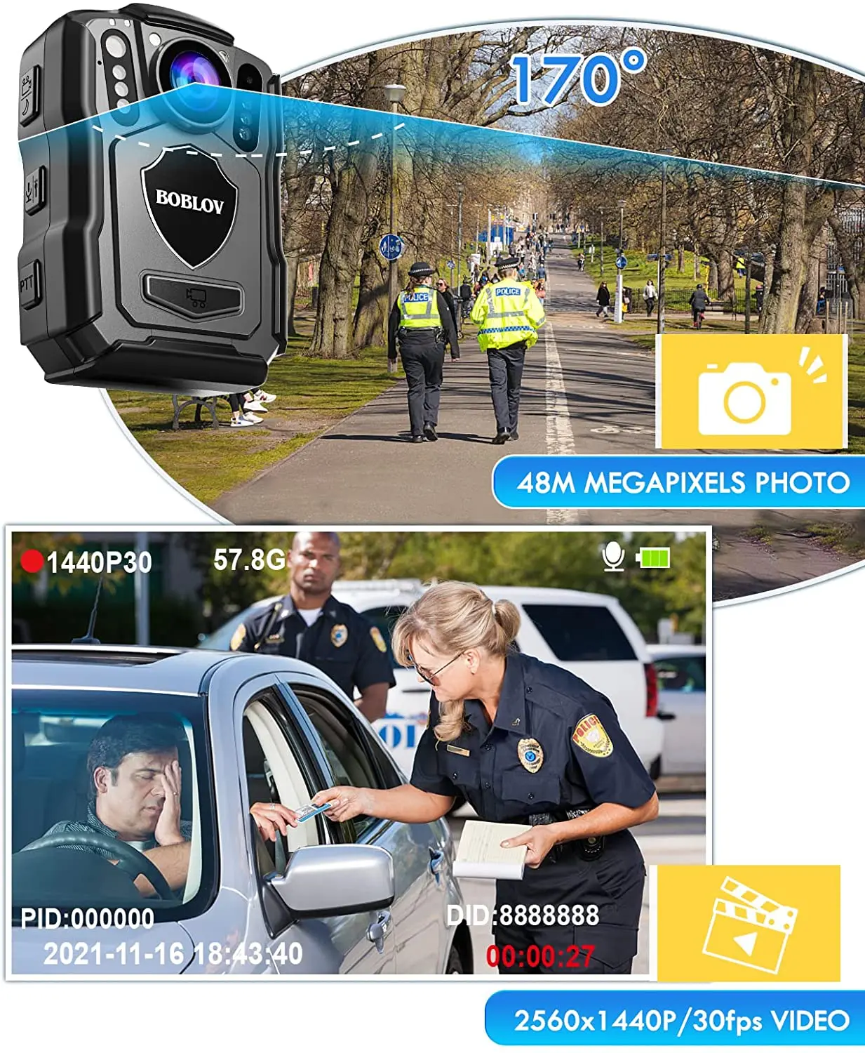 BOBLOV M5 1440P Body Camera 64GB Police Recorder 4200MAH Battery Bodycam Chest Camera IP67 Waterproof Mini Body Cam
