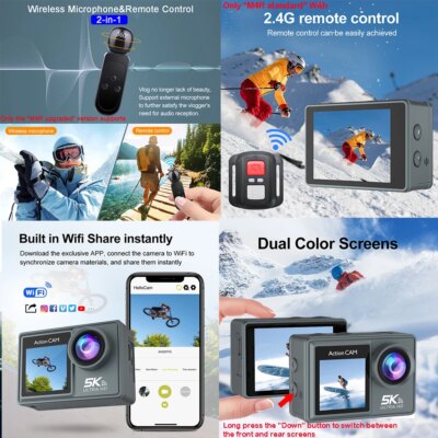5K 4K60FPS Action Camera Dual IPS Touch LCD DVR EIS 170° 30M Waterproof 5X Zoom Sport Camera With Wireless Mic&Remote Control - Image 3