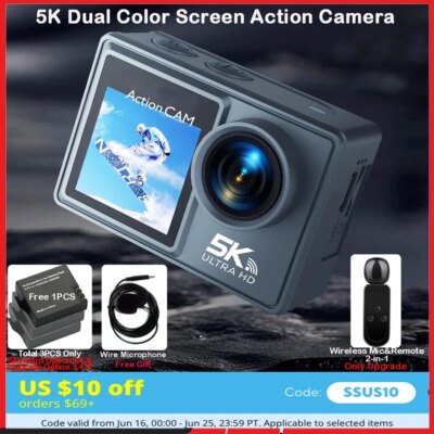 5K 4K60FPS Action Camera Dual IPS Touch LCD DVR EIS 170° 30M Waterproof 5X Zoom Sport Camera With Wireless Mic&Remote Control