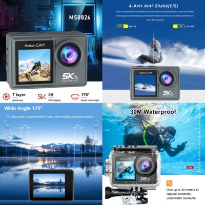 5K 4K60FPS Action Camera Dual IPS Touch LCD DVR EIS 170° 30M Waterproof 5X Zoom Sport Camera With Wireless Mic&Remote Control - Image 2
