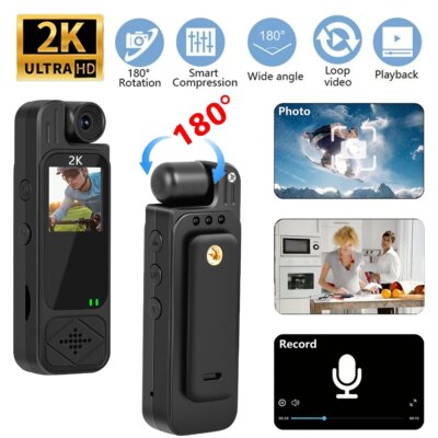 2K Sports HD Mini Camera Outdoor Portable Digital Video Recorder BodyCam Night Vision Police Camcorder 180° Rotating Bike Camera