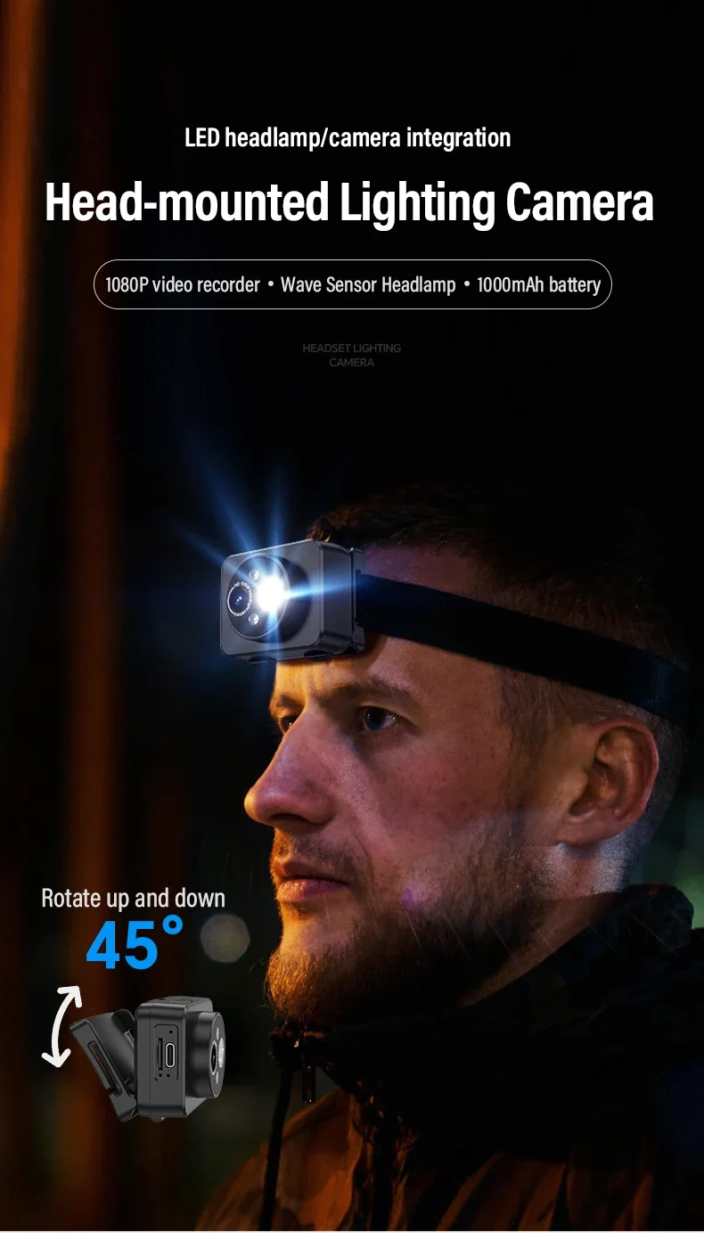 HD 1080P Outdoor Sport Camera Camcorder Head-mounted Action Induction Light Powerful Helmet Video Recording DVR Cam Camping