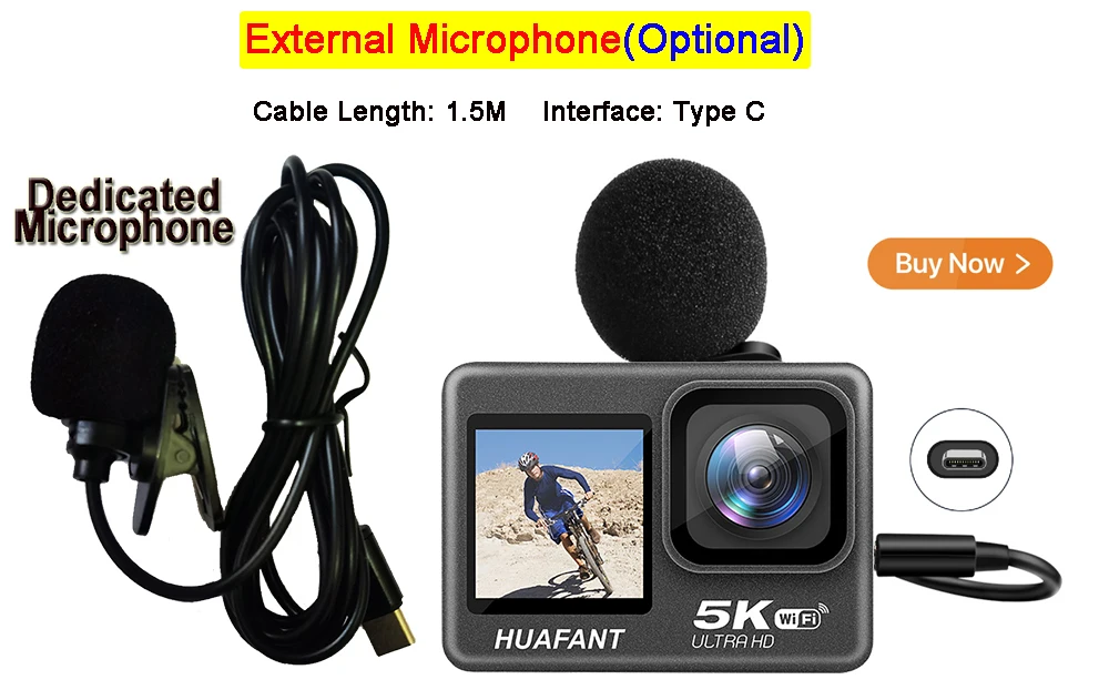 Action Camera 5K30FPS 4K60FPS 48MP 2.0 Touch LCD EIS Dual Screen Wi-Fi 170D DVR Webcam Waterproof 30M 5X Zoom Sports Camera