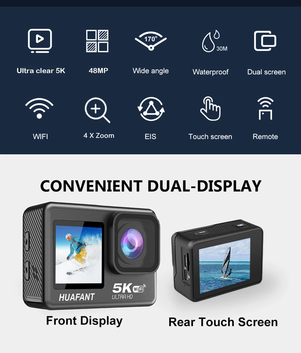 Action Camera 5K30FPS 4K60FPS 48MP 2.0 Touch LCD EIS Dual Screen Wi-Fi 170D DVR Webcam Waterproof 30M 5X Zoom Sports Camera Action Camera 5K30FPS 4K60FPS 48MP 2.0 Touch LCD EIS Dual Screen Wi-Fi 170D DVR Webcam Waterproof 30M 5X Zoom Sports Camera