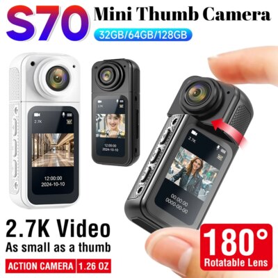 S70 2.7K HD Small Sports Cam 180° Rotate WiFi Thumb Camera Wearable WIFI Bodycam Magnetic Video Recorder Camcorder for Sports
