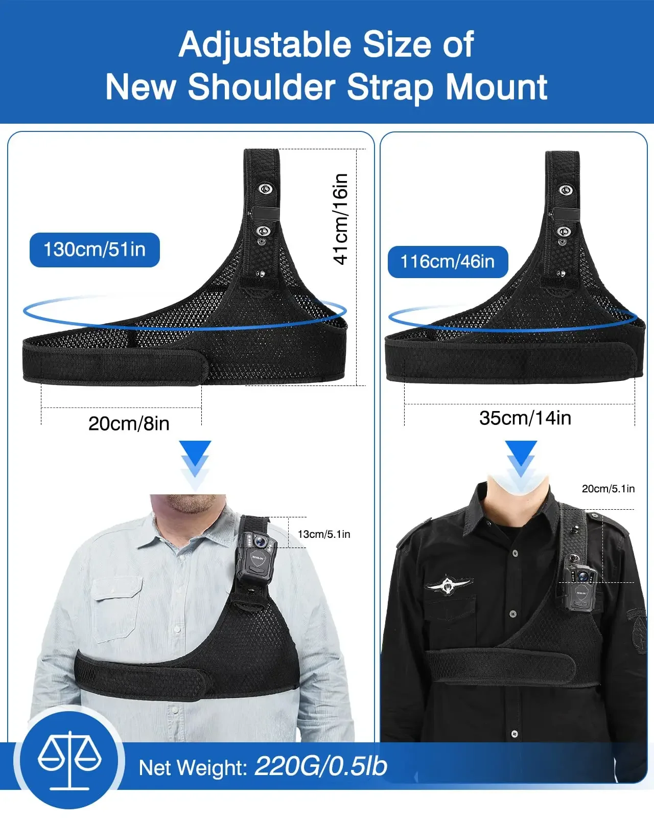 BOBLOV Body Camera Chest Vest Durable Shoulder Single Vest for All Body Camcorder Velcro Wearing Bodycam Belt Cam Shoulder Strap