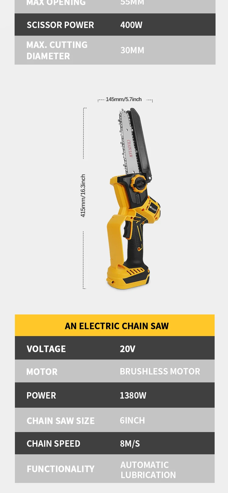 Brushless 1380W Electric Chainsaw Telescoping Pole Pruner High Branch Saw Garden Tree Pruning Tool For Dewalt 20V Battery Pin