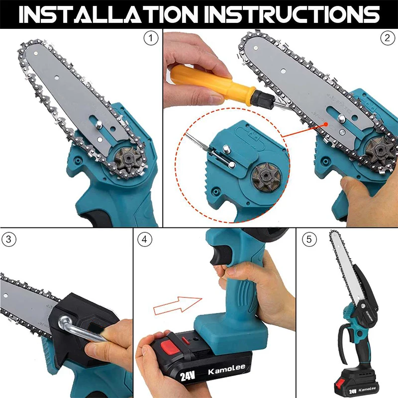 Kamolee Brushless Electric Chain Saw 8 Inch Mini Chainsaw Wood Cutter Pruning Garden Power Tool