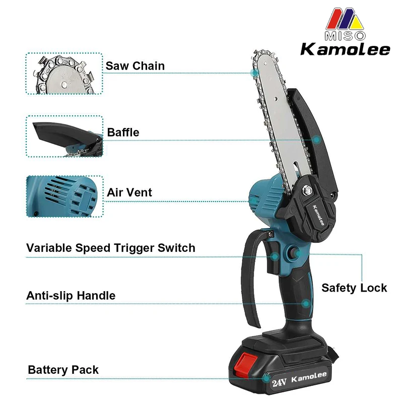 Kamolee Brushless Electric Chain Saw 8 Inch Mini Chainsaw Wood Cutter Pruning Garden Power Tool
