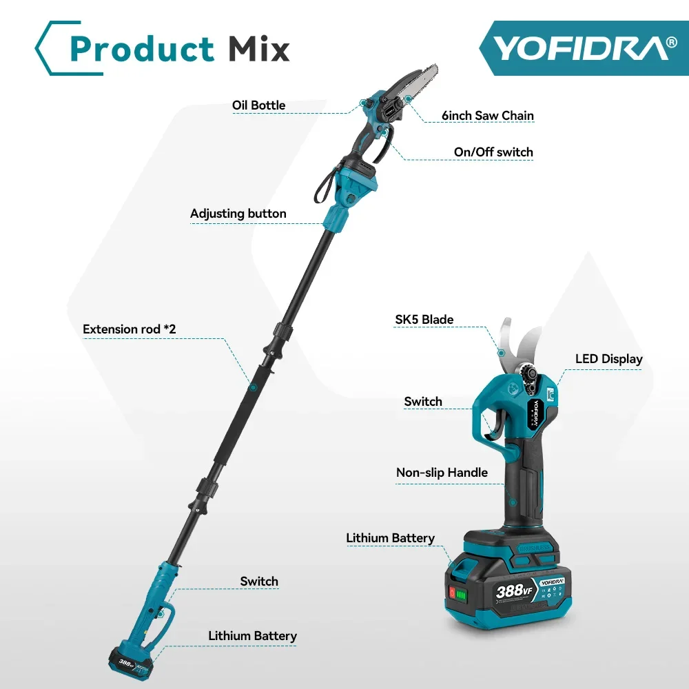 YOFIDRA Brushless Telescoping Pole Electric Chainsaw 3in1 High Scalable Pruner Shear Scissors Tool For Makita 18V Battery Pin