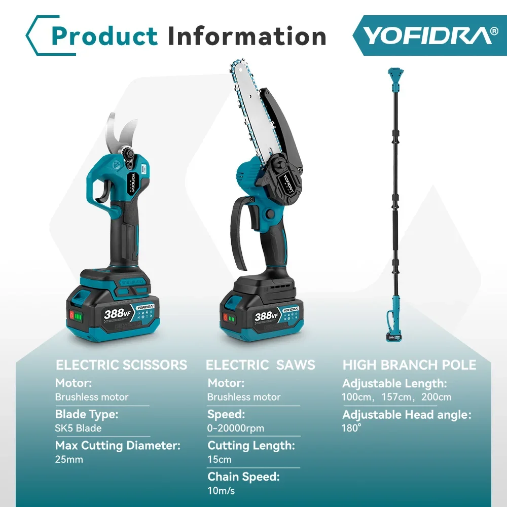 YOFIDRA Brushless Telescoping Pole Electric Chainsaw 3in1 High Scalable Pruner Shear Scissors Tool For Makita 18V Battery Pin