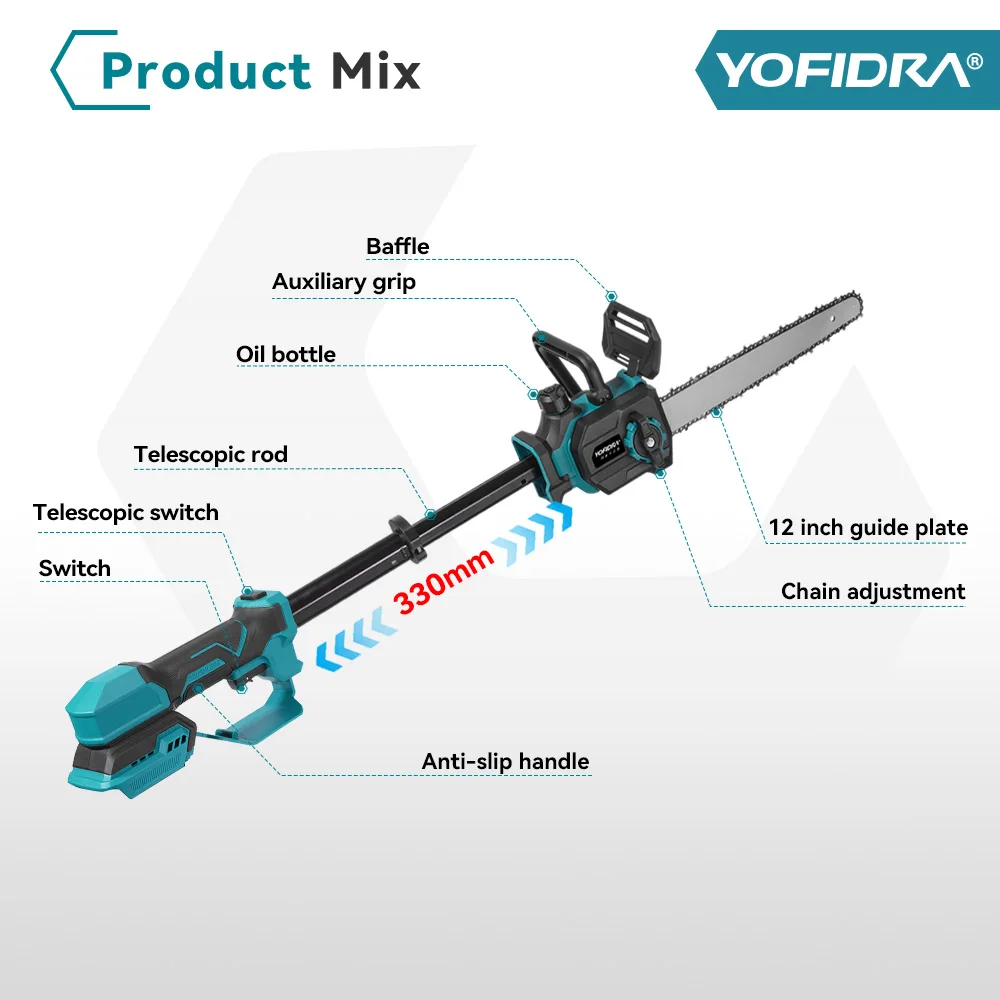YOFIDRA 12Inch 7000W Brushless Chainsaw Cordless Pruning Chain Saws Garden Wood Cutting Power Tools For Makita Battery Pin